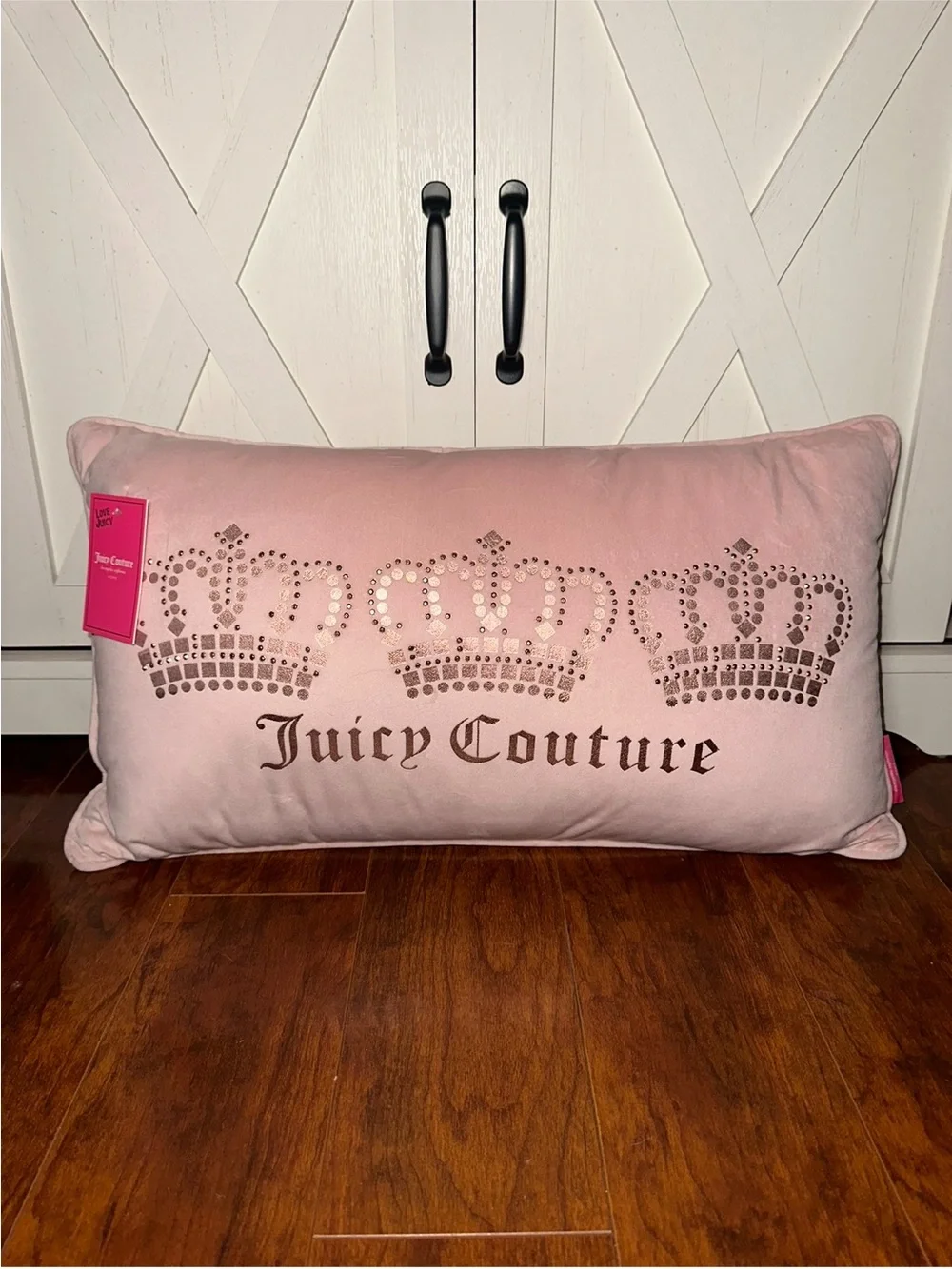 Juicy Couture Blush Pink Crown Studded Logo Cozy Pillow